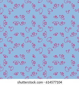 Seamless background bright flat stylized swans, a group of graceful swan birds. Texture for your creativity. Gentle romantic graphical birds regular pattern, outlined silhouettes, modern stylish print