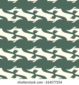 Seamless background bright flat stylized swans, a group of graceful swan birds. Texture for your creativity. Gentle romantic graphical birds regular pattern, outlined silhouettes, modern stylish print