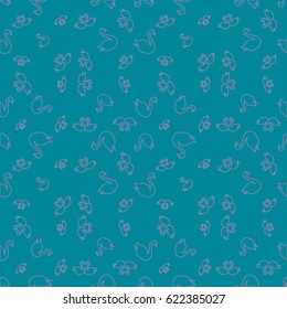 Seamless background bright flat stylized swans, a group of graceful swan birds. Texture for your creativity. Gentle romantic graphical birds regular pattern, outlined silhouettes, modern stylish print