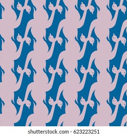 Seamless background bright flat stylized swans, a group of graceful swan birds. Texture for your creativity. Gentle romantic graphical birds regular pattern, outlined silhouettes, modern stylish print