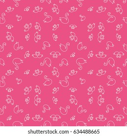 Seamless background bright flat stylized swans, a group of graceful swan birds. Texture for your creativity. Gentle romantic graphical birds regular pattern, outlined silhouettes, modern stylish print