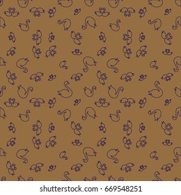 Seamless background bright flat stylized swans, a group of graceful swan birds. Texture for your creativity. Gentle romantic graphical birds regular pattern, outlined silhouettes, modern stylish print