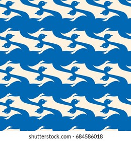 Seamless background bright flat stylized swans, a group of graceful swan birds. Texture for your creativity. Gentle romantic graphical birds regular pattern, outlined silhouettes, modern stylish print