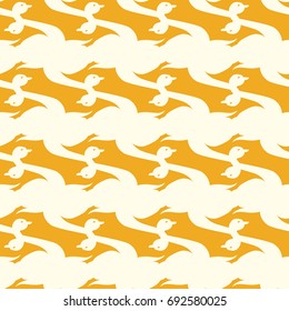 Seamless background bright flat stylized swans, a group of graceful swan birds. Texture for your creativity. Gentle romantic graphical birds regular pattern, outlined silhouettes, modern stylish print