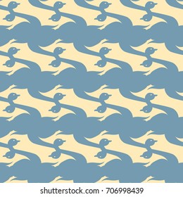 Seamless background bright flat stylized swans, a group of graceful swan birds. Texture for your creativity. Gentle romantic graphical birds regular pattern, outlined silhouettes, modern stylish print