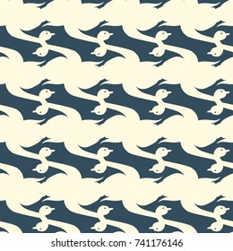 Seamless background bright flat stylized swans, a group of graceful swan birds. Texture for your creativity. Gentle romantic graphical birds regular pattern, outlined silhouettes, modern stylish print