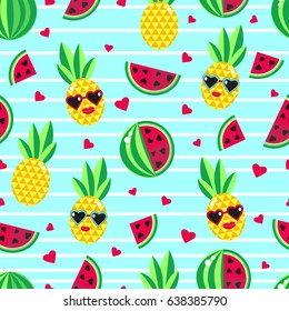 Seamless background with bright fruits: pineapple and watermelons. Bright and cheerful background can be used for design of summer clothes, wrapping paper, wallpaper, fabrics, stationery, etc.
