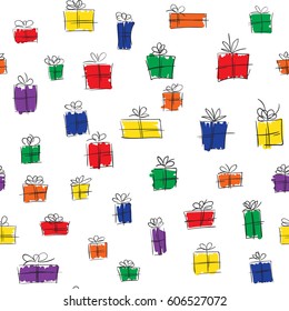 Seamless background with bright and funny hand drawn gift boxes. Vector illustration.