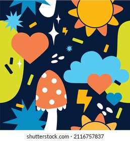 Seamless background with bright geometric elements. Multicolored geometric pattern. Simple figures.