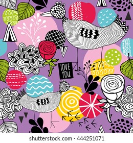 Seamless background with bright hand drawn elements and doodle bird. Vector illustration.