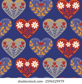 Seamless background with bright hearts in folk style. Pattern with beautiful bohemian elements