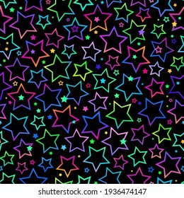 Neon Rainbow Low Polygon Seamless Pattern. Dark Background With