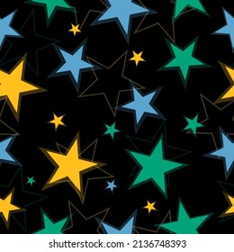 seamless background with bright neon stars. stars seamless pattern full color on black background vector eps10 editable.