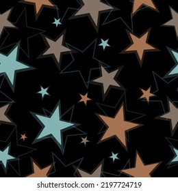 seamless background with bright neon stars. Geometric shapes ornament. Repeating texture. Backdrop. Wallpaper.