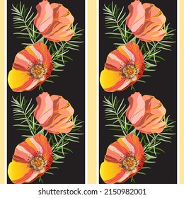 Seamless background with bright poppies and curly asparagus on a black background. Vector illustration