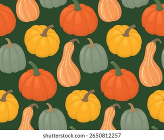 Seamless background with bright pumpkins. Autumn pattern with colorful vegetables