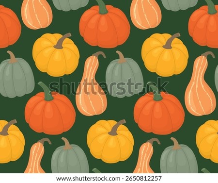 Seamless background with bright pumpkins. Autumn pattern with colorful vegetables