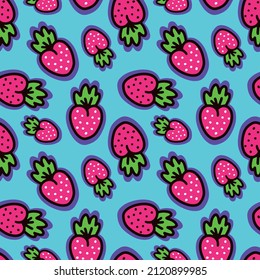 Seamless background with bright raspberries on a blue background. Vector illustration
