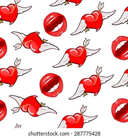 Seamless background bright red lips with flying hearts. Vector background of the lips and hearts.