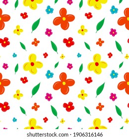 Seamless background with bright spring flowers and leaves. For textiles, wallpaper, paper and scrapbooking. Vector illustration isolated on white background.