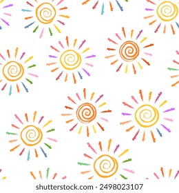 Fondo sin fisuras con soles estilizados brillantes. El sol estilizado como el dibujo de un niño. Garabatos en estilo infantil femenino. Sol brillante con rayos. Fondo interminable