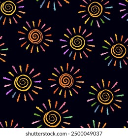 Seamless background with bright stylized suns. The sun stylized as a child's drawing. Doodles in childish girly style. Bright sun with rays. Endless background