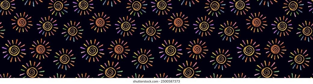 Nahtloser Hintergrund mit hellen stilisierten Sonnen. Die Sonne stilisierte sich als Kinderzeichnung. Doodles im kindlichen Girly Style. Helle Sonne mit Strahlen. Endloser Hintergrund
