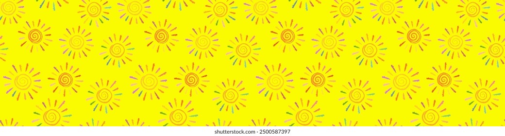 Fondo sin fisuras con soles estilizados brillantes. El sol estilizado como el dibujo de un niño. Garabatos en estilo infantil femenino. Sol brillante con rayos. Fondo interminable