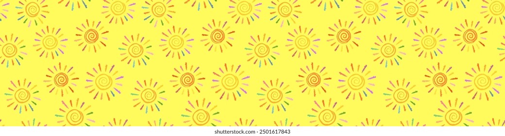 Seamless background with bright stylized suns. The sun stylized as a child's drawing. Doodles in childish girly style. Bright sun with rays. Endless background