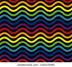 Seamless background. Bright waves on the black background. Rainbow color. Vector illustration