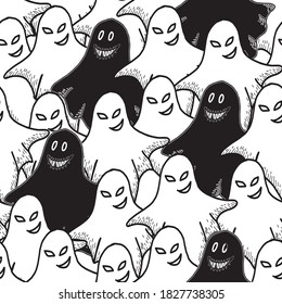 Seamless background. Bringing in white in a row and only one black. Funny cute ghosts. done in the style of doodle. Halloween. Can be used in children's stationery, holiday decoration, textiles.