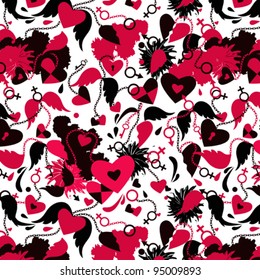 Seamless background with broken hearts, wings, chains patterns.