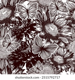 Seamless background brown graphic flowers and butterflies . hand drawing. Not AI, Vector illustration.