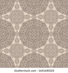 Seamless background with brown mandala ornament in the east style. Ideal for printing on fabric or paper for textile, wrapping. Vector illustration.