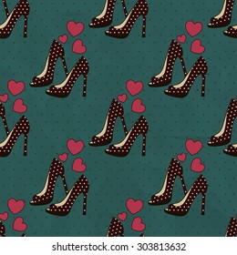 Seamless background of brown shoes with polka dots on a blue background with hearts