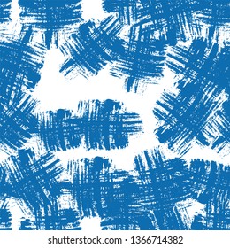 Seamless Background with Brush Strokes. Cracked Marine Texture. Grungy Paint Textile Pattern. Indigo Fashion Print Design. Scattered Shibori Backdrop.