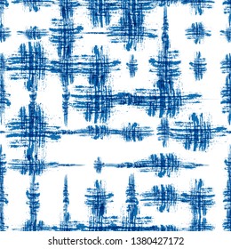 Seamless Background with Brush Strokes. Messy Cloth Texture. Grungy Paint Textile Pattern. Bohemian Dress Print Design. Scattered Shibori Backdrop.