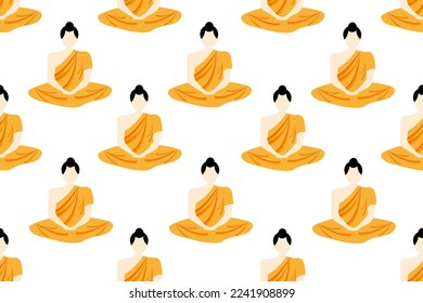 Seamless background with a Buddhist in the kashaya in the lotus position. Indian religion. Wallpaper and bed linen print. 
