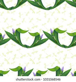 Seamless background with buds of iris flowers. Dragonflies on backdrop.