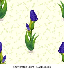 Seamless background with buds of irises and dragonflies
