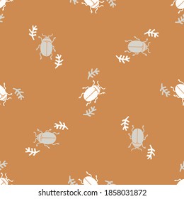 Seamless background bug insect gender neutral pattern. Whimsical minimal earthy 2 tone color. kids nursery wallpaper or boho cartoon insect beetle fashion all over print.