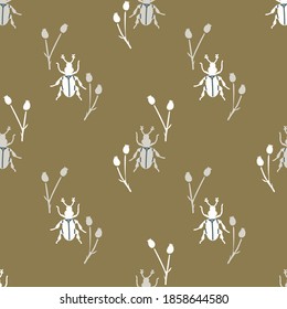 Seamless background bug insect gender neutral pattern. Whimsical minimal earthy 2 tone color. kids nursery wallpaper or boho cartoon insect beetle fashion all over print.