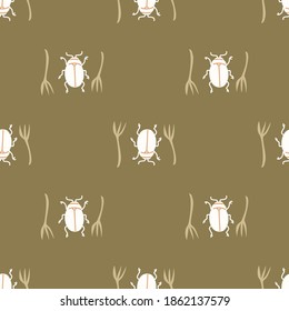 Seamless background bug insect gender neutral pattern. Whimsical minimal earthy 2 tone color. kids nursery wallpaper or boho cartoon insect beetle fashion all over print.