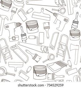 Seamless background of building repair tools, line cartoon illustration of repair tools. Vector