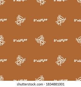 Seamless background bumble bee with text insect gender neutral pattern. Whimsical minimal earthy 2 tone color. Kids nursert wallpaper or boho cartoon bug fashion all over print. 