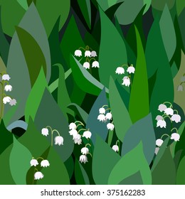 Seamless background from bunch of blossoming  lilies of the valley flowers and leaves