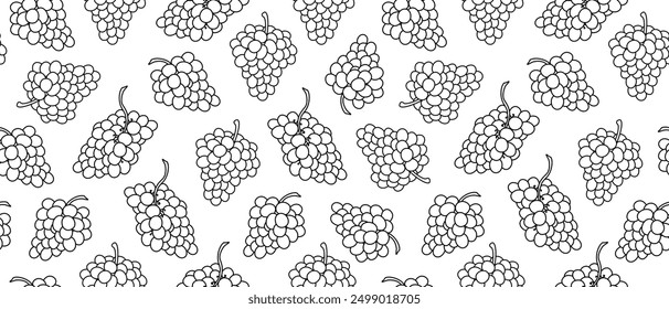 Seamless background with bunches of grapes. Contour drawings of grapes on a white background. Linear drawing of berries. Endless background