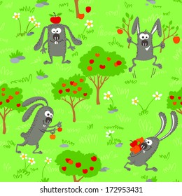 Seamless background with bunnies and apples