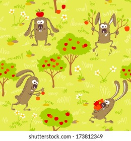 Seamless background with bunnies and apples
