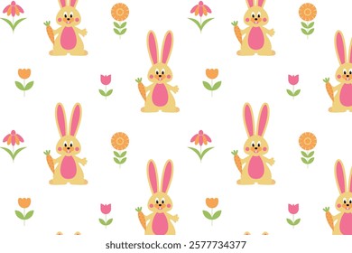 Seamless background with bunny and flowers. Vector illustration.